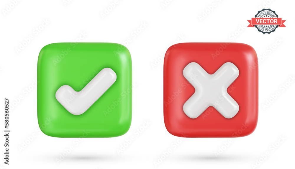 Correct and incorrect signs, right and wrong mark icons. Green and red checkmark buttons with tick and cross symbols. Realistic 3D vector illustration on white background Correct and incorrect signs, right and wrong mark icons. Green and red checkmark buttons with tick and cross symbols. Realistic 3D vector illustration on white background