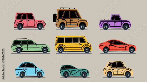 Set of various colorful cars or vehicles. Automobiles- sedan, SUV, pickup, coupe, hatchback, retro car. Design motor transport concept. Hand drawn trendy every car is isolated. Vector illustration.