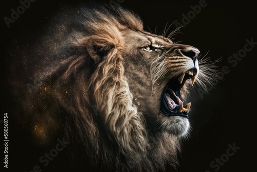 A picture of a lion roaring on black. Generative AI