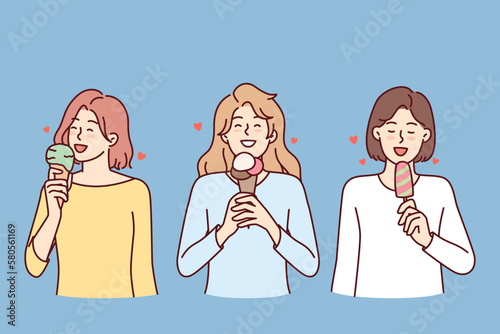 Girls eat ice cream to cool down during summer walk or satisfy their hunger with street food. Three women with cold ice cream enjoy sweet taste of popsicles on stick or in waffle cone 