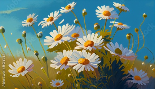 A cluster of daisies in a meadow with a blue sky background Generative AI