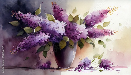 A watercolor painting of a bouquet of lilacs in shades of purple Generative AI