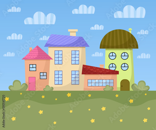 Cartoon city. Spring, summer background design. Cheerful vector illustration. Houses, flowers, clouds.