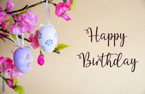 Canvas Print Easter Egg Decoration With Flower Bouquet, English Text Happy Birthday