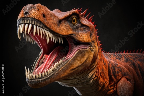 The model of a predatory dinosaur has a large, open mouth with sharp teeth. Generative AI
