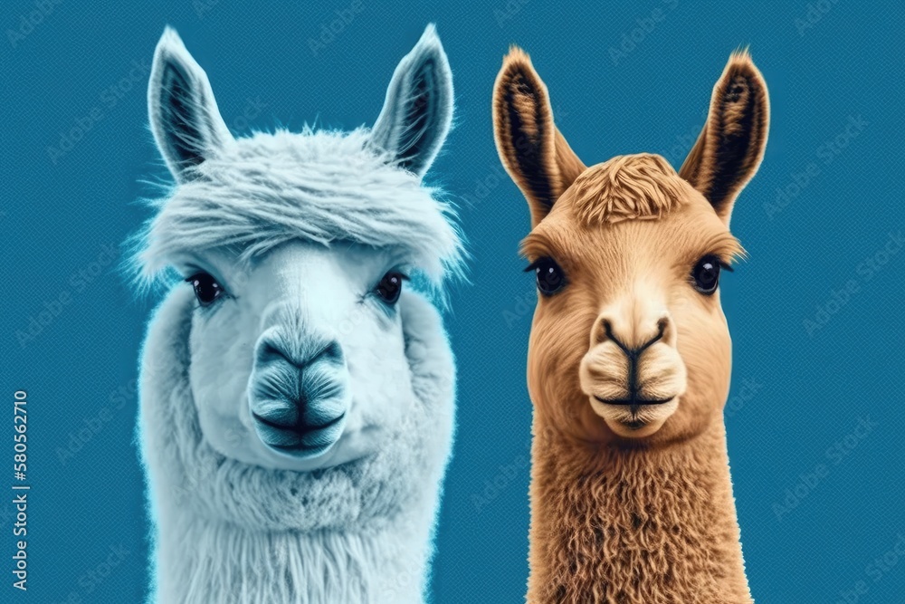 Cute alpaca and llama on blue background. Generative AI