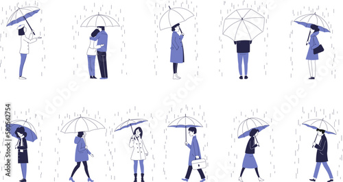 Set of people walking. standing and waiting with umbrellas in the rain.