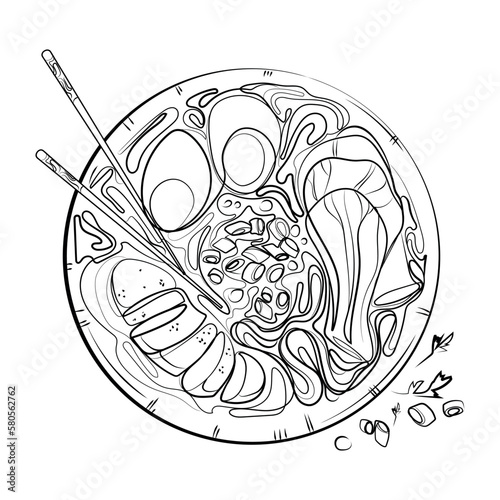 Chicken miso ramen soup bowl with chopsticks Line art drawing vector illustration.Traditional Japanese cuisine.Ramen top view Black and white sketch.Asian food