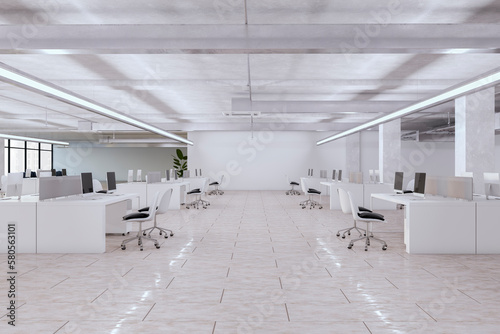 Clean bright coworking office interior with furniture  equipment and other items. Workplace and commercial space concept. 3D Rendering.