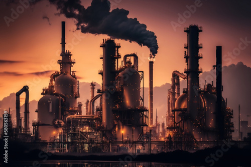 An industrial refinery at dusk, with glowing lights and silhouetted machinery against the sky. Smokestacks are visible in the background, emitting steam into the air