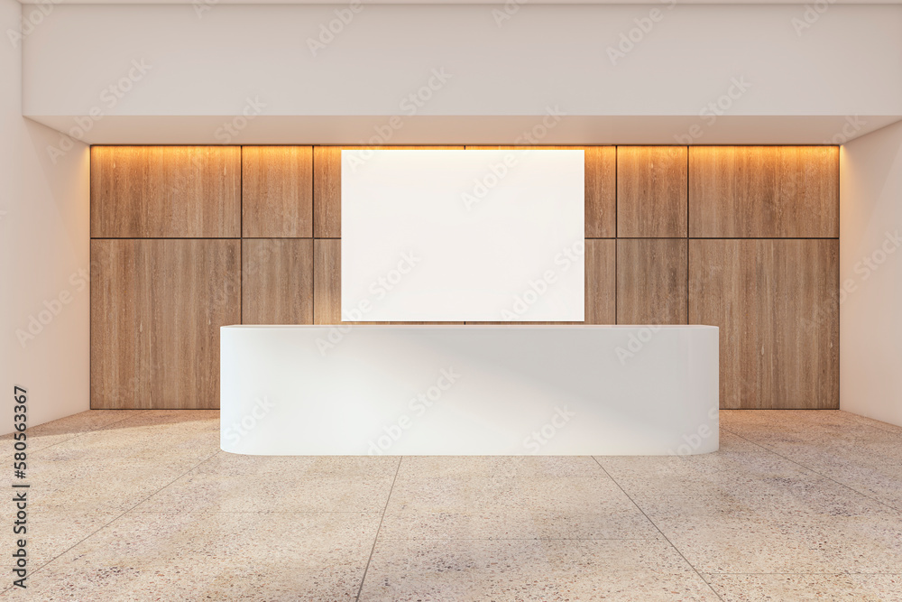 Front view on blank white poster with place for your logo or text above light reception desk in stylish sunlit space with wooden wall background and concrete floor. 3D rendering, mockup - obrazy, fototapety, plakaty 