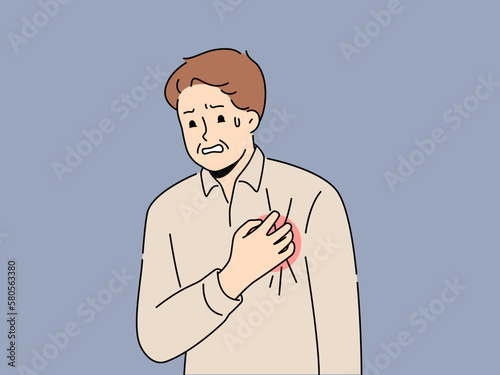Unwell man touch chest suffer from heart attack. Sick male struggle with cardiovascular disease or myocardial infarct. Healthcare and cardiology. Vector illustration. 