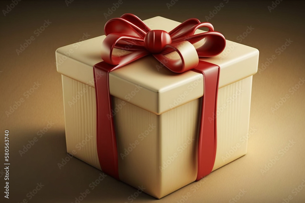 Fototapeta premium Cream gift present box with red satin bow
