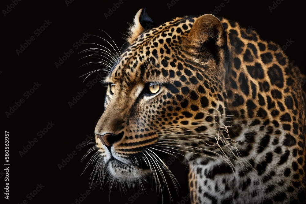 Close up view Leopard. Animal in the wild, set against a black background. Generative AI Close up view Leopard. Animal in the wild, set against a black background. Generative AI