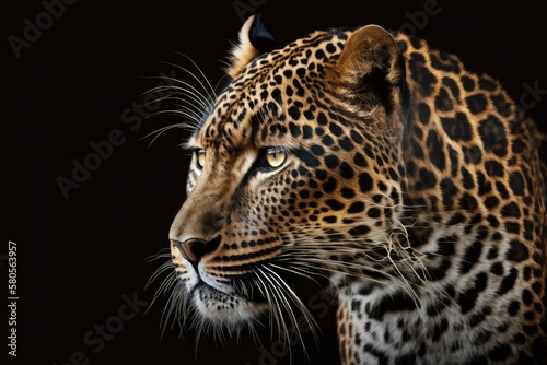 Close up view Leopard. Animal in the wild, set against a black background. Generative AI © AkuAku