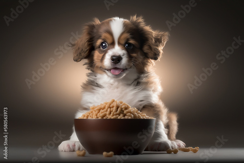 Smiling puppy dog in front of pet food, nutrition concept