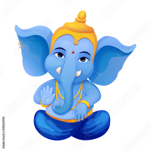 Little cute Ganesh, religious traditional god elephant blue color in cartoon character isolated on white background.