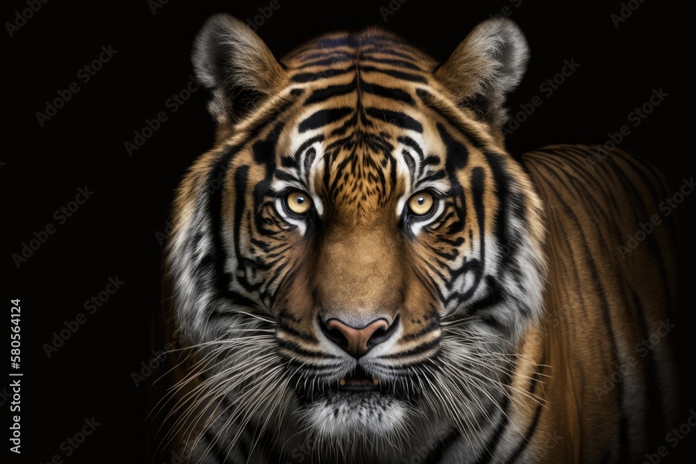 View of a Sumatran tiger from the front, with the background black. Sumatran tiger portrait (Panthera tigris sumatrae). Generative AI View of a Sumatran tiger from the front, with the background black. Sumatran tiger portrait (Panthera tigris sumatrae). Generative AI