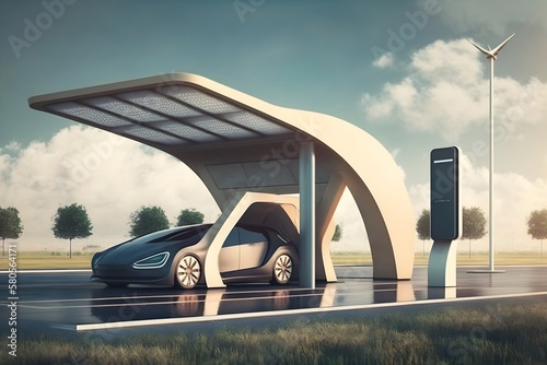 Electric car with solar panels charging station design and futuristic concept, Generative AI