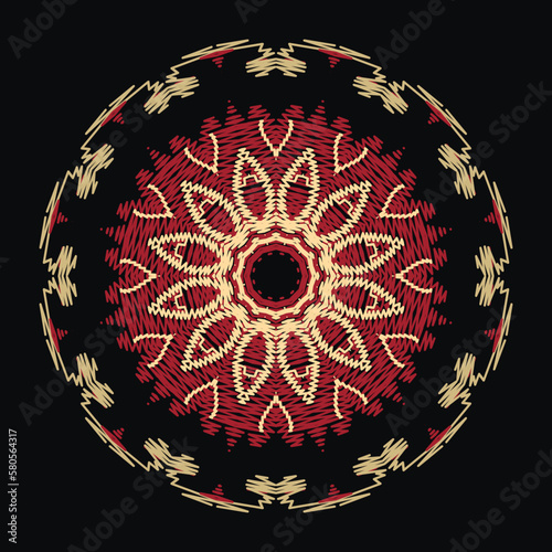 Tapestry floral round mandala pattern. Ornamental textured background. Decorative embroidered zigzag stitching red flower ornament. Grunge ethnic style backdrop. Embroidered patterned texture