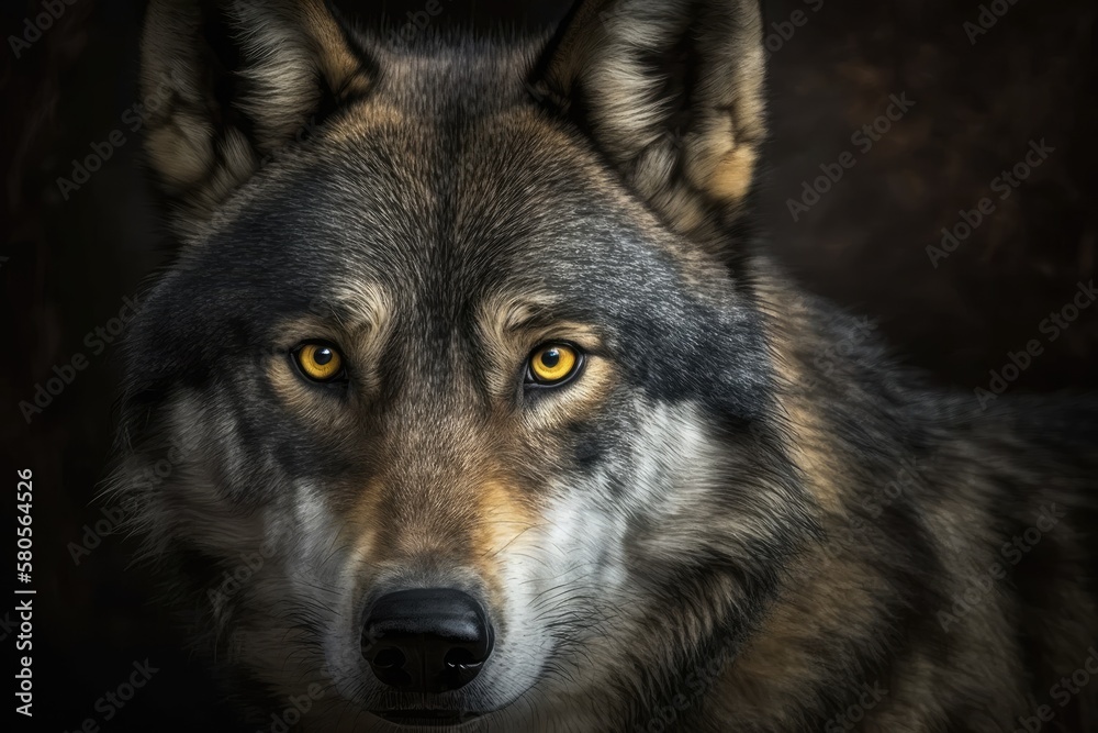 Portrait of a timber wolf. A close up picture of a wolf with yellow eyes that looks dangerous. Generative AI