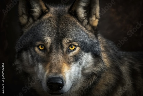 Portrait of a timber wolf. A close up picture of a wolf with yellow eyes that looks dangerous. Generative AI