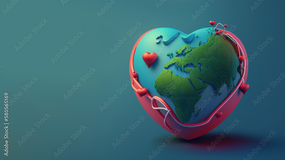 Globe in heart shape on blue background with copy space. World health day concept Global health care. Generative ai. Globe in heart shape on blue background with copy space. World health day concept Global health care. Generative ai.