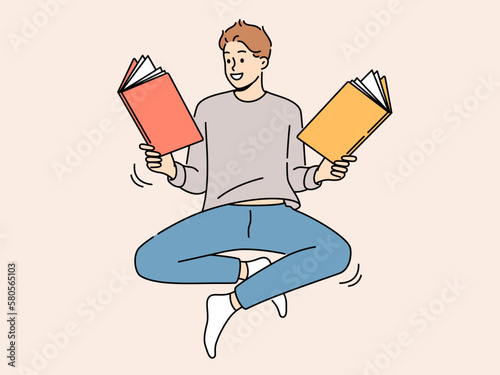 Smiling man floating in air reading books. Happy male reader enjoy literature. Bookworm and hobby concept. Vector illustration. 