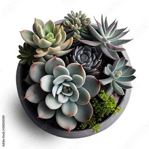 succulents potted in a grey pot, isolated, flat lay / top view