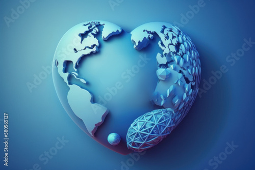 Globe in heart shape on blue background with copy space. World health day concept Global health care. Generative ai.