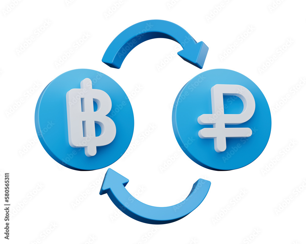 3d White Baht And Ruble Symbol On Rounded Blue Icons With Money Exchange Arrows, 3d illustration 3d White Baht And Ruble Symbol On Rounded Blue Icons With Money Exchange Arrows, 3d illustration