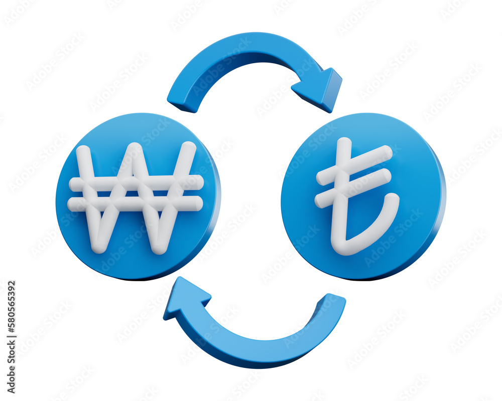 3d White Won And Lira Symbol On Rounded Blue Icons With Money Exchange Arrows, 3d illustration 3d White Won And Lira Symbol On Rounded Blue Icons With Money Exchange Arrows, 3d illustration