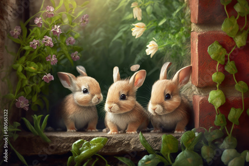 Little baby rabbits family in the garden. Happy Easter Day concept. Generative ai. © ant