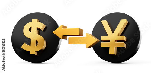фотографія US Dollar and Japanese Yen symbols over black icon with two arrows