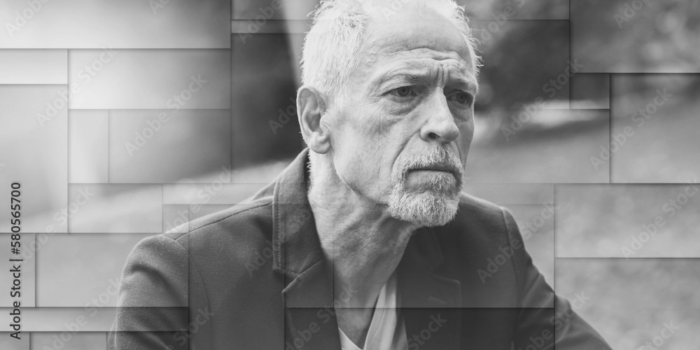 Fototapeta premium Portrait of handsome mature man, light effect, geometric pattern