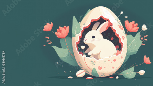 Happy easter concept. Cute easter bunny rabbit inside a cracked egg and flower, flat design. Generative ai. photo