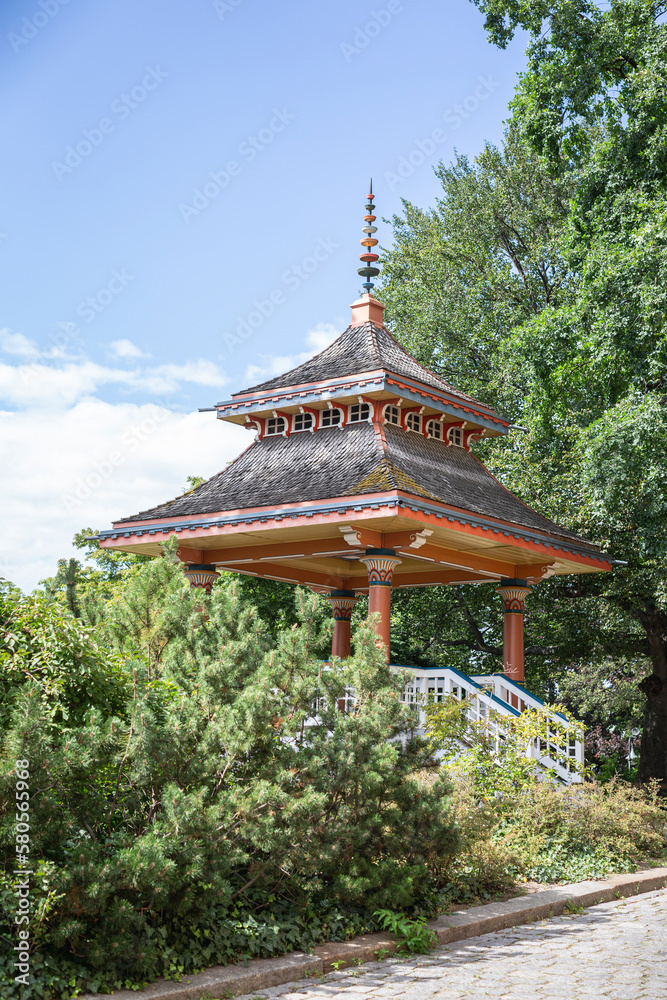Germany, Brandenburg, Cottbus, Chinese gazebo tea room in summer Germany, Brandenburg, Cottbus, Chinese gazebo tea room in summer