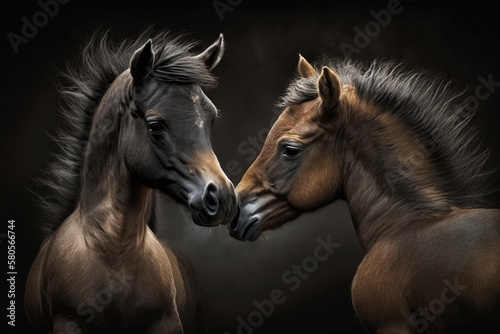 Two foals softly playing. Generative AI