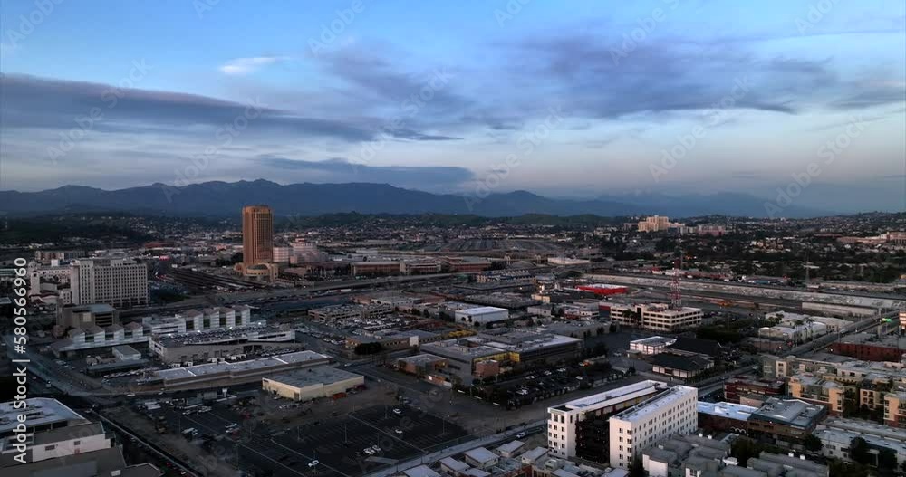 Aerial of industrial area of East Los Angeles With Twilight Blue hour Skies After Sunset. Dolly Forward Aerial of industrial area of East Los Angeles With Twilight Blue hour Skies After Sunset. Dolly Forward