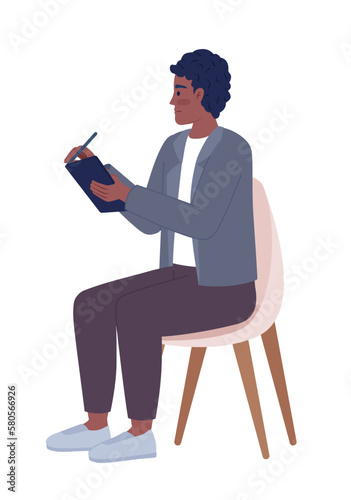 Male interviewer writing on clipboard semi flat color vector character. Editable figure. Full body person on white. Simple cartoon style spot illustration for web graphic design and animation