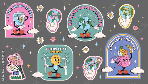 Collection of ecology stickers with slogans - zero waste, save energy, go green, save water, save the planet stickers in trendy retro cartoon style. Earth Day posters. World Environment Day.	