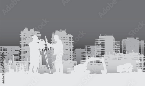 Building construction site with a tower crane and engineer and workers.Vector paper cut style.