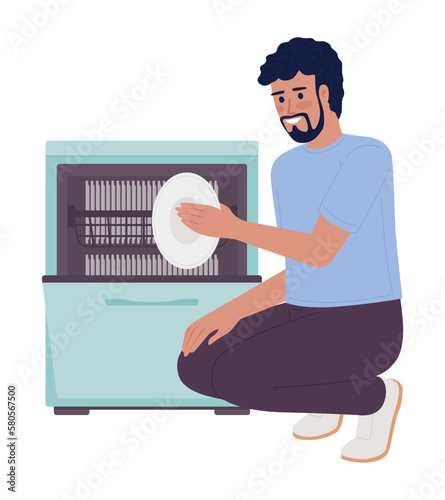 Happy man unloading dishwasher machine semi flat color vector character. Editable figure. Full body person on white. Simple cartoon style spot illustration for web graphic design and animation