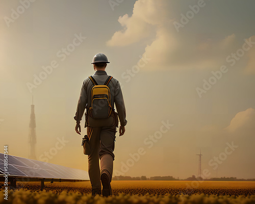 Generative Illustration AI of engineer walking on filed with solar panels and electrical towers