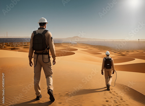 Generative Illustration AI of two engineers walking in desert to solar panels field
