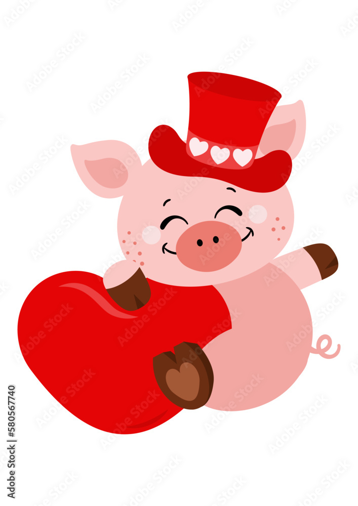 Adorable pig with red hat and a red heart Adorable pig with red hat and a red heart