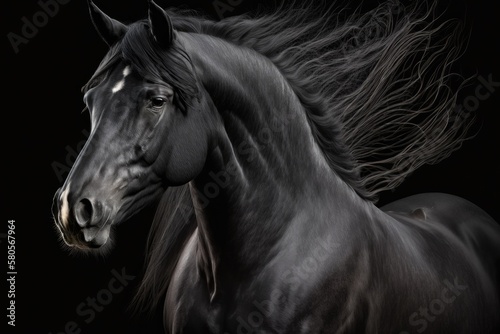 A moving portrait of a black stallion on a black background. Generative AI