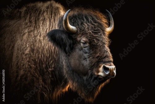 Animal portrait of a European bison with a black background. Generative AI