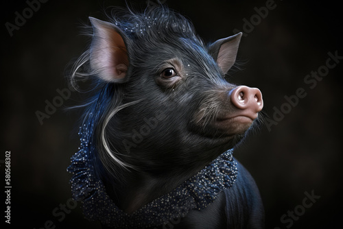 Pot-bellied pig looking like a diva, princess, generative ai