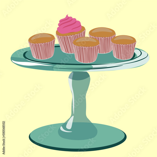 cake pan with cupcakes in semi realistic style. glass stand on a leg for cake. dishes in vector. 